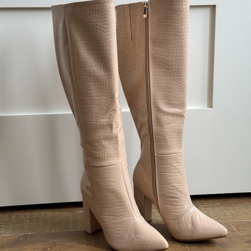 Bellini Taupe Croc-Embossed Knee Boots with Block Heel